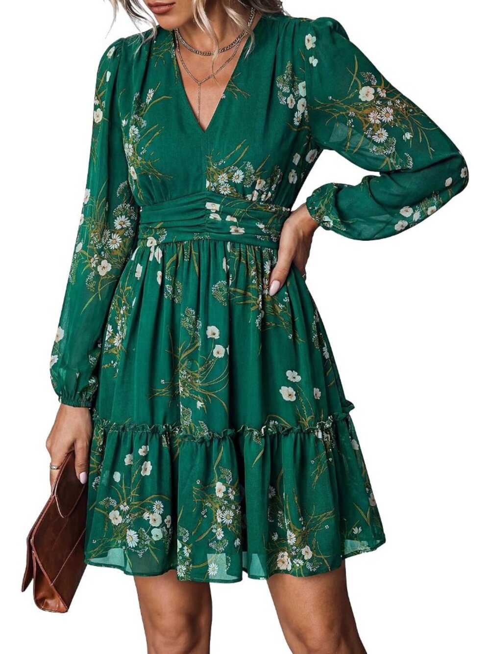 〽️Floral Mini Dress Women V Neck Long Sleeve Ruffle A Line Wedding Guest Chic